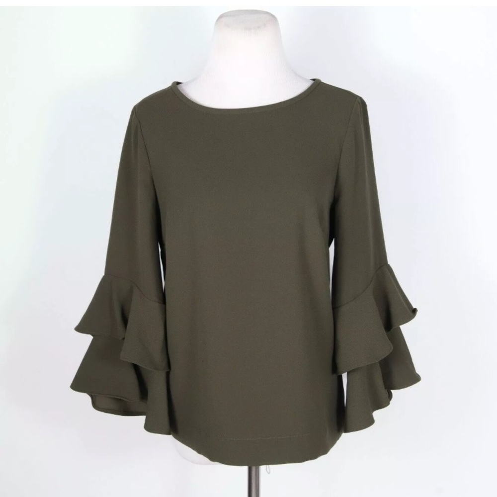 NEW J Crew Tier Bell Slv Top Green Drapey Crepe 2
